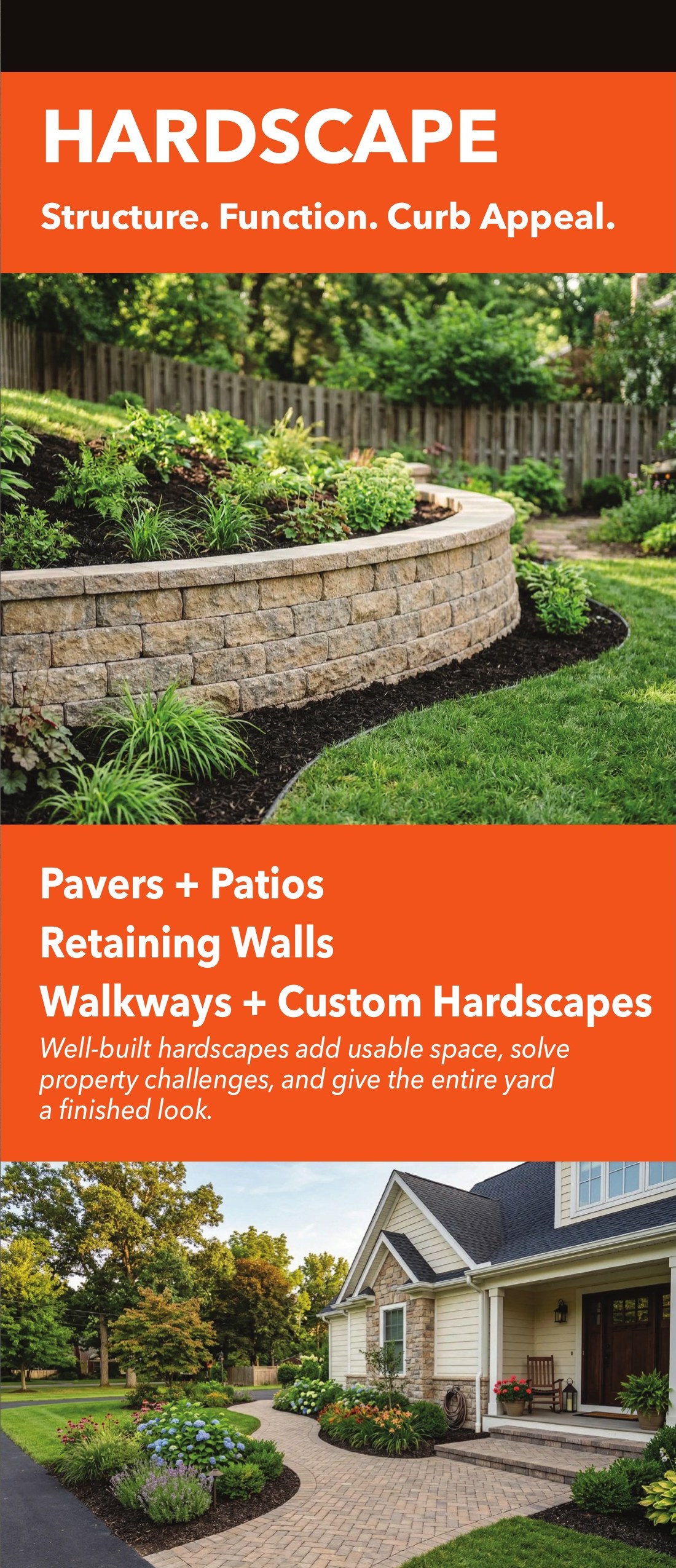 Brochure page showing pavers, patios, retaining walls and walkways