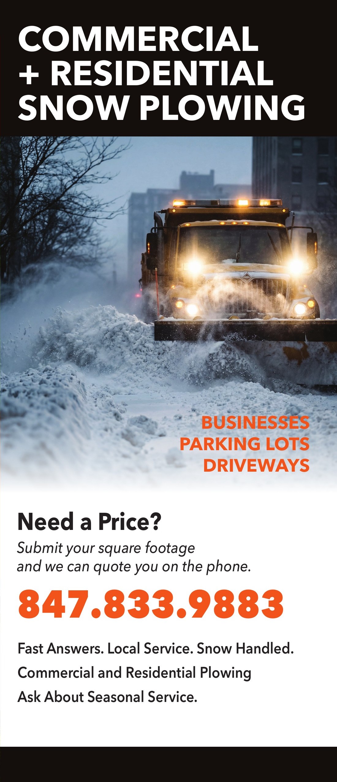 Brochure page showing commercial and residential snow plowing services