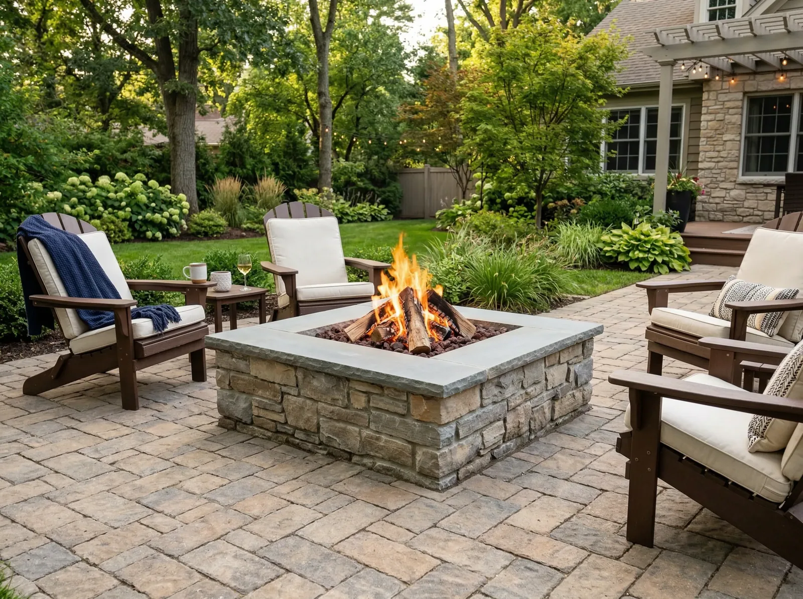 Fire pit lounge with wall seating