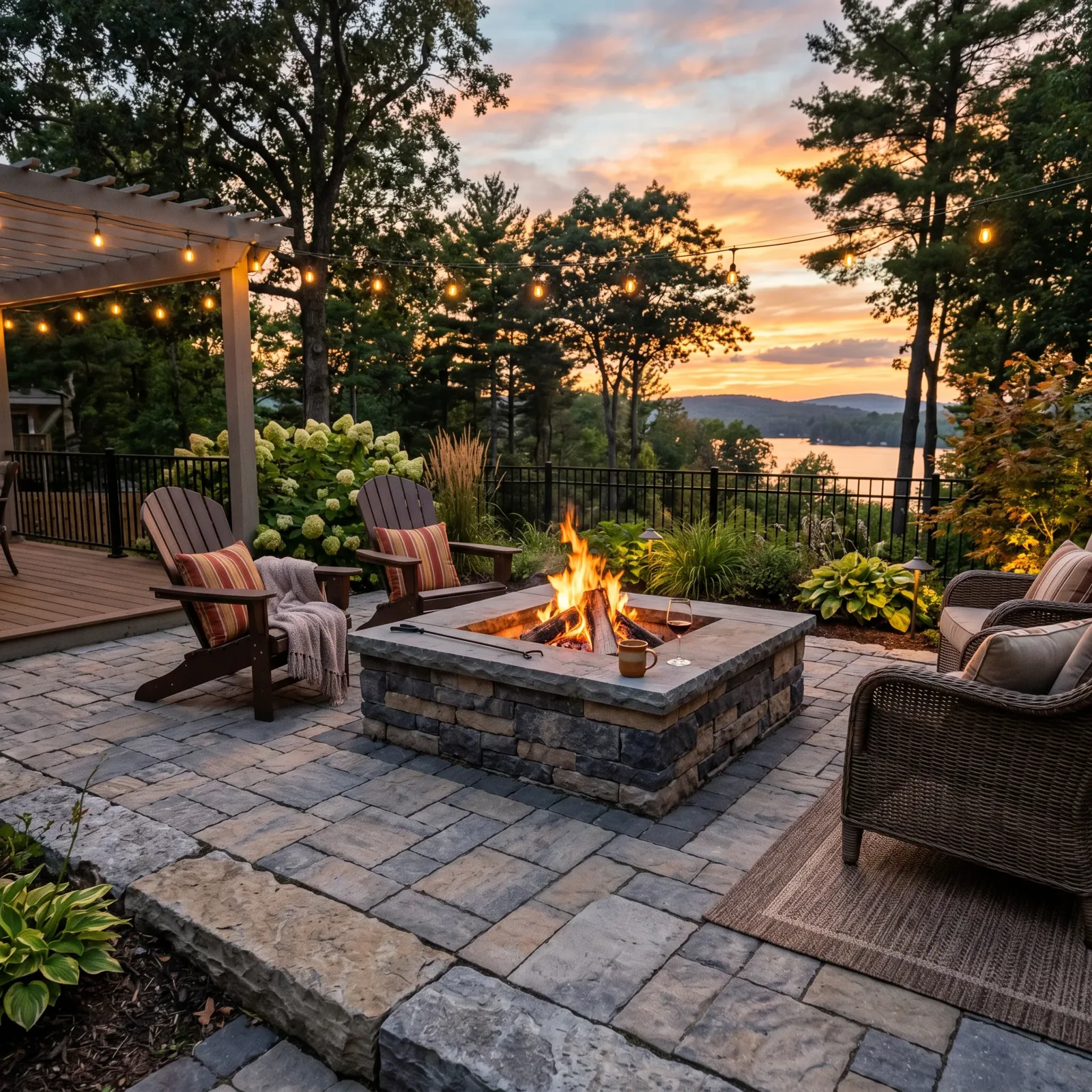 Gas fire feature on a paver patio