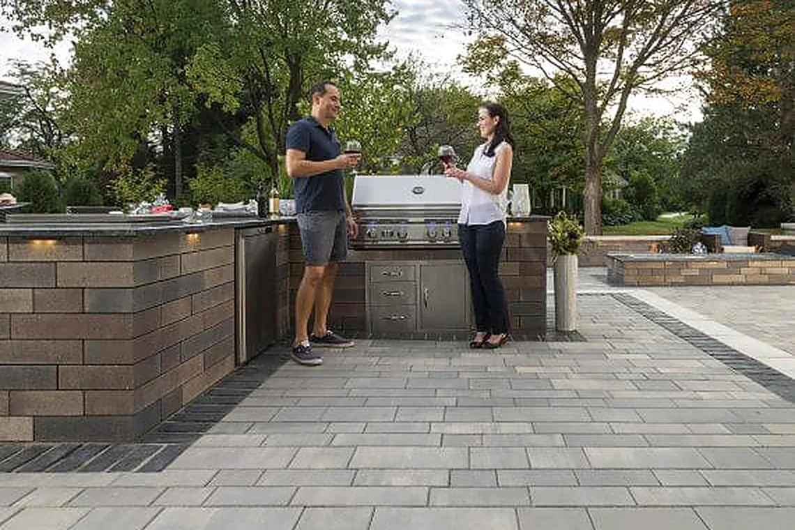 Fire pit patio with seating wall